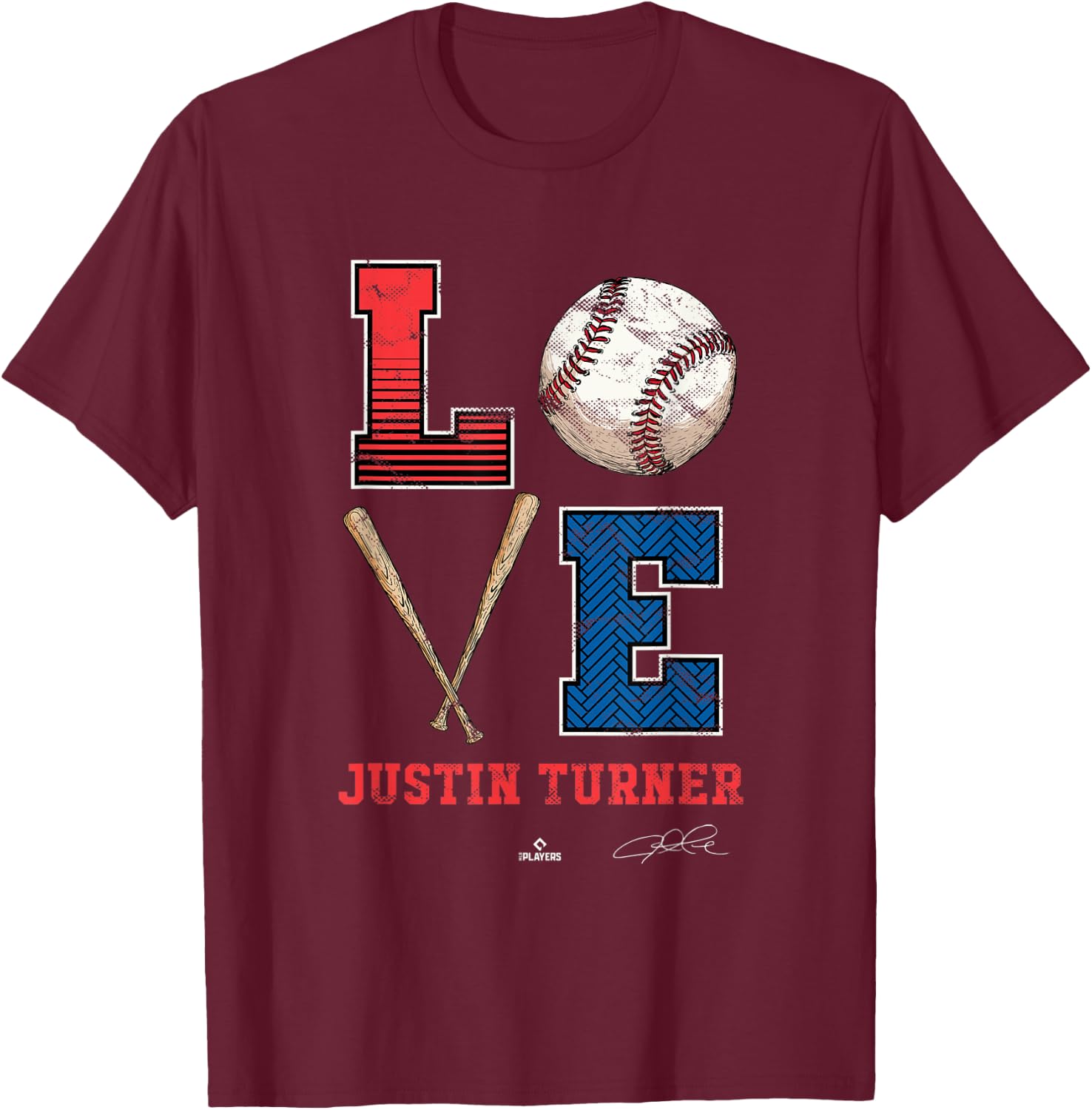 Love Justin Turner Justin Turner Los Angeles MLBPA T-Shirt - T-Shirt | Maroon
