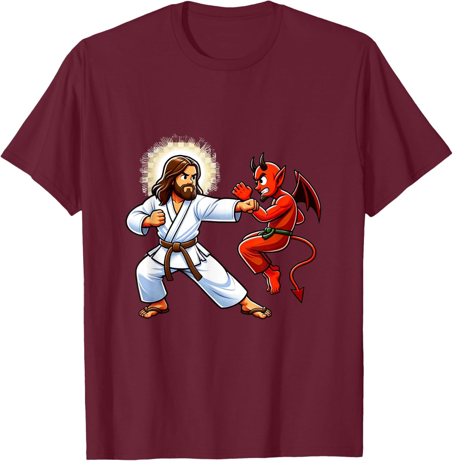 Jesus Defeating the Devil Funny Karate T-Shirt - T-Shirt | Maroon