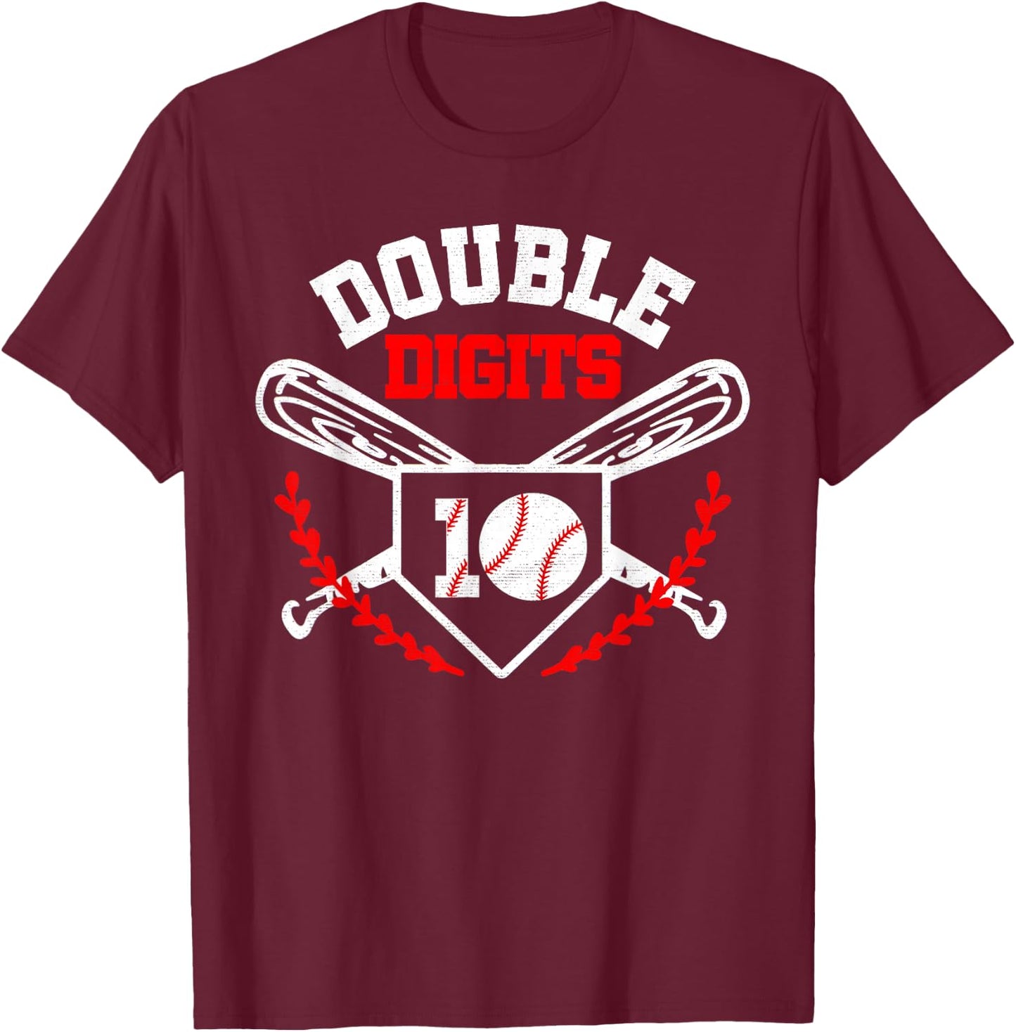Double Digits Birthday Decorations Boy 10 Baseball Lover Fan T-Shirt - T-Shirt | Maroon