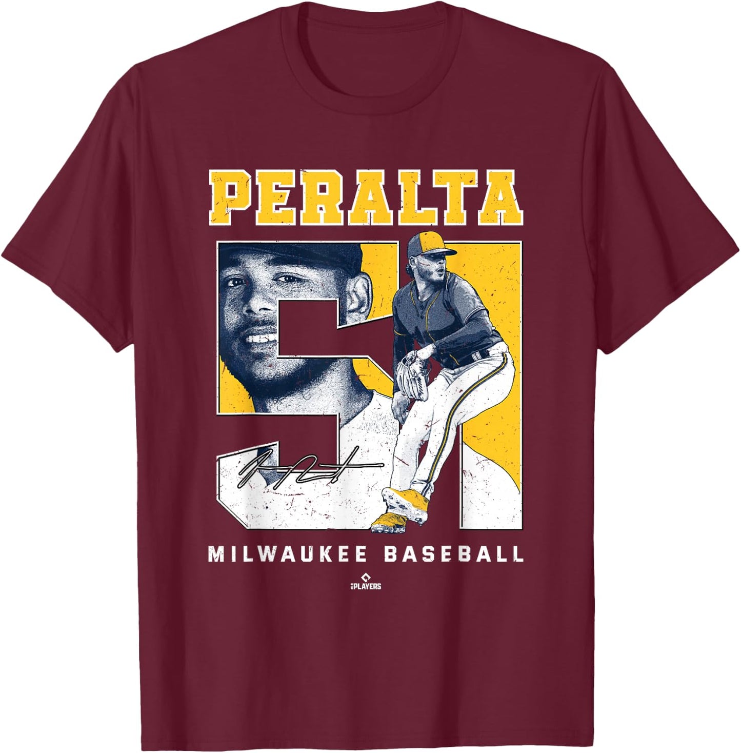 Number and Portrait Freddy Peralta Milwaukee MLBPA T-Shirt - T-Shirt | Maroon