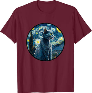 Russian Blue Cat in Starry Night Painting Men Women Kids T-Shirt - T-Shirt | Maroon
