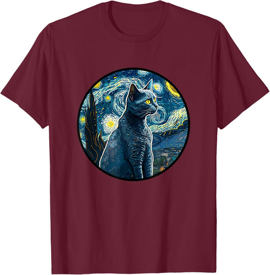 Russian Blue Cat in Starry Night Painting Men Women Kids T-Shirt - T-Shirt | Maroon