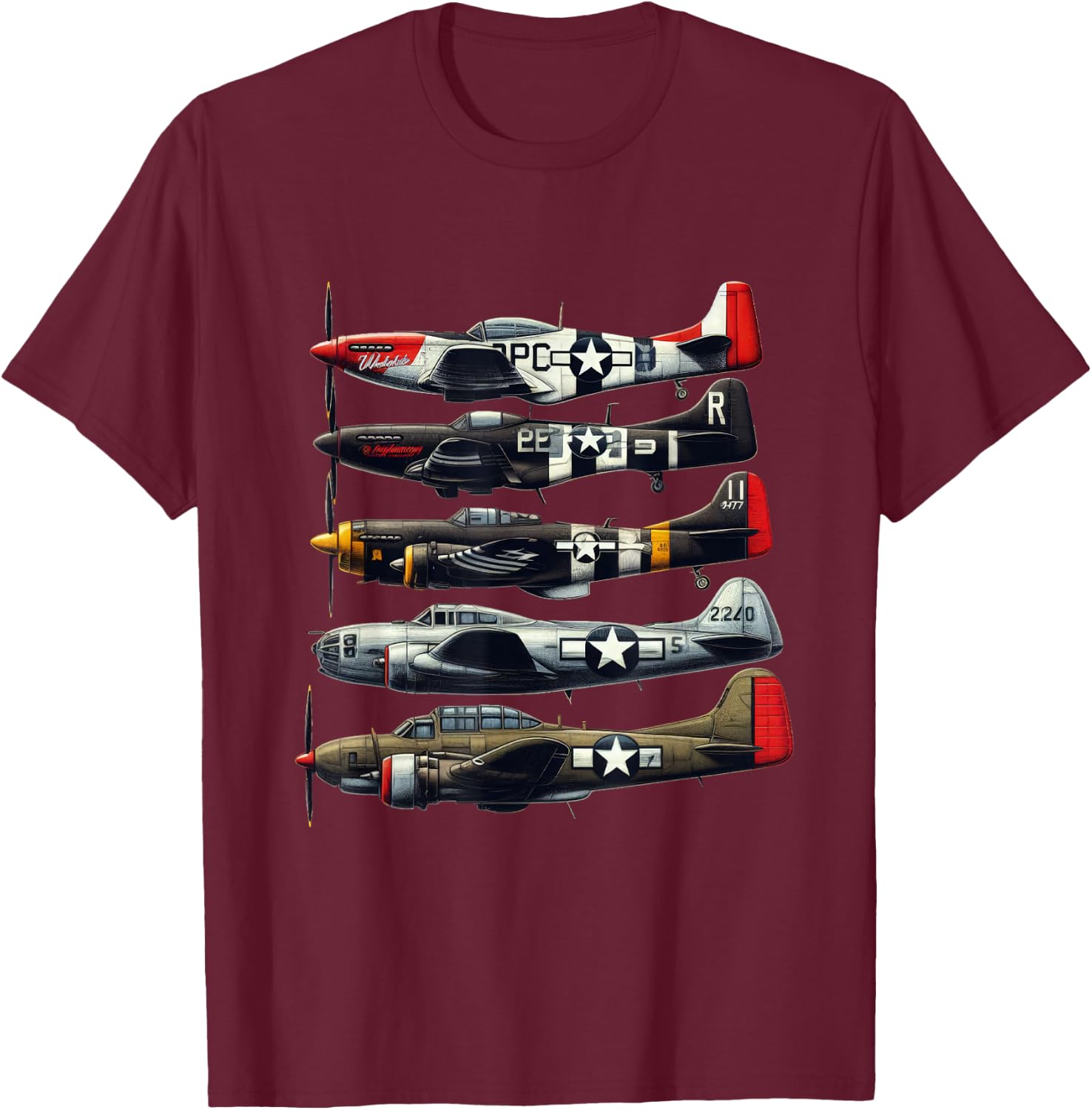 WW2 Warplanes B-17 P51 Mustang F4U Corsair P40 Warhawk T-Shirt - T-Shirt | Maroon