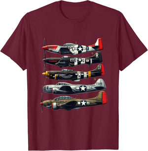 WW2 Warplanes B-17 P51 Mustang F4U Corsair P40 Warhawk T-Shirt - T-Shirt | Maroon