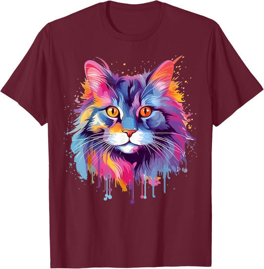 Colorful Splash Art Maine Coon Cat Face T-Shirt - T-Shirt | Maroon