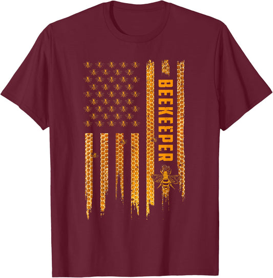 Beekeeping American Flag Honeycomb Honey Bees Beekeeper T-Shirt - T-Shirt | Maroon