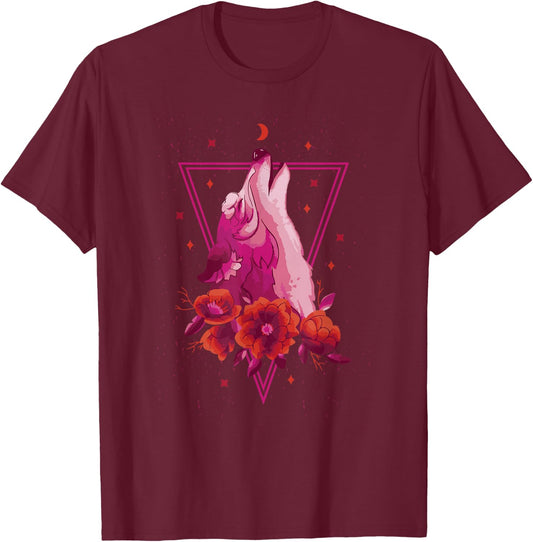 Pink Wolf Howling Vaporwave Floral Roses Stars Crescent Moon T-Shirt - T-Shirt | Maroon