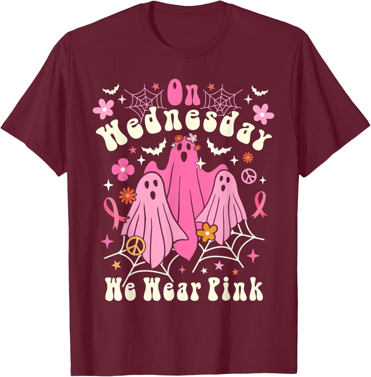 On Wednesday We Wear Pink Ghost Halloween Breast Cancer 2022 T-Shirt - T-Shirt | Maroon