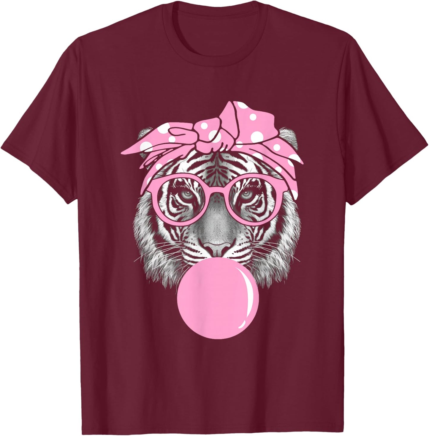 Funny Pink Tiger For Girl Glasses & Pink Bubble Gum T-Shirt - T-Shirt | Maroon