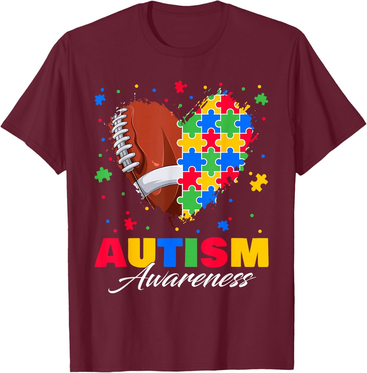 Puzzle Football Ball Heart Autism Awareness Autistic Kids T-Shirt - T-Shirt | Maroon