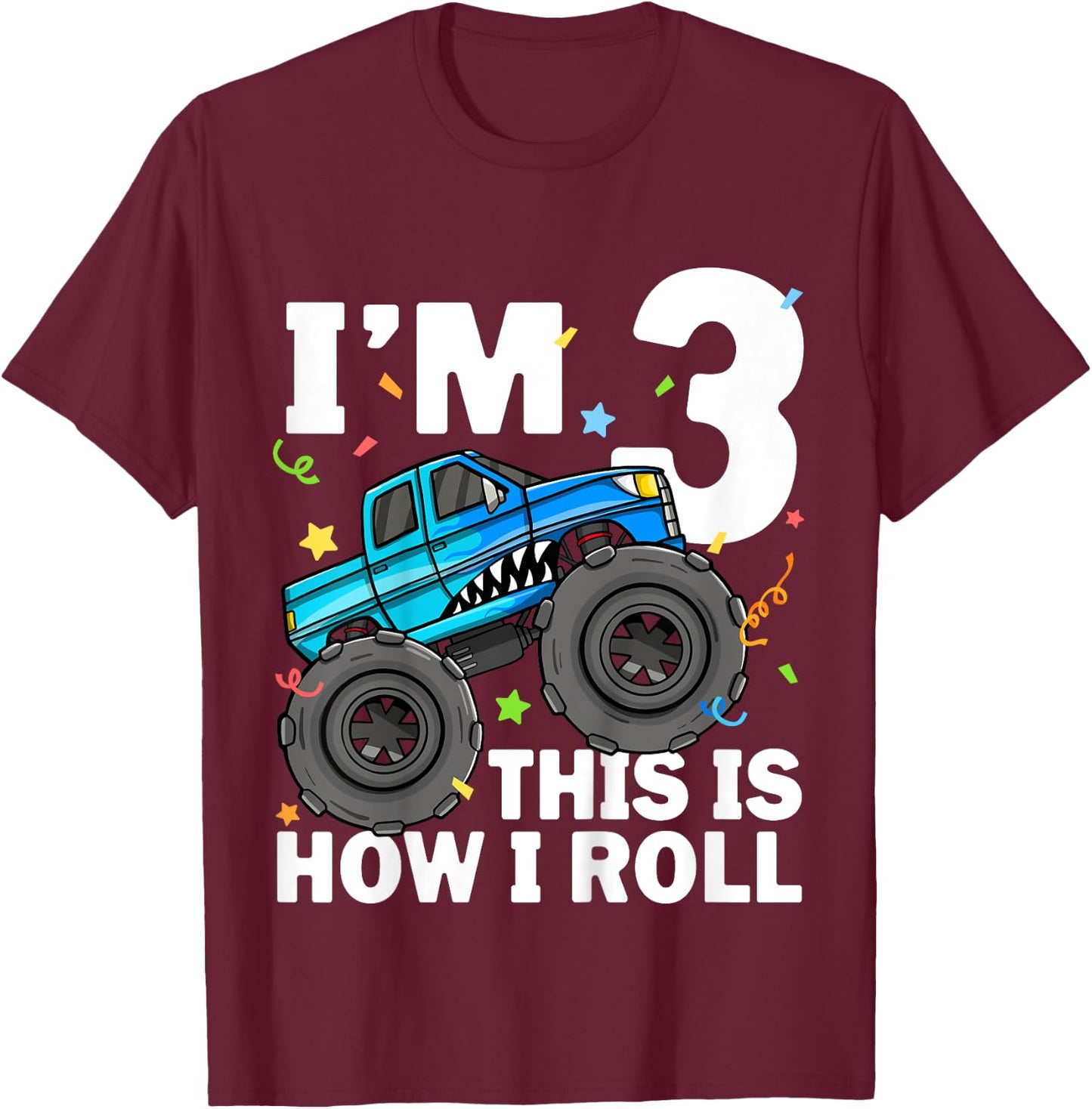 Kids Monster Truck Shark 3rd Birthday Boy Toddler 3 Three T-Shirt - T-Shirt | Maroon