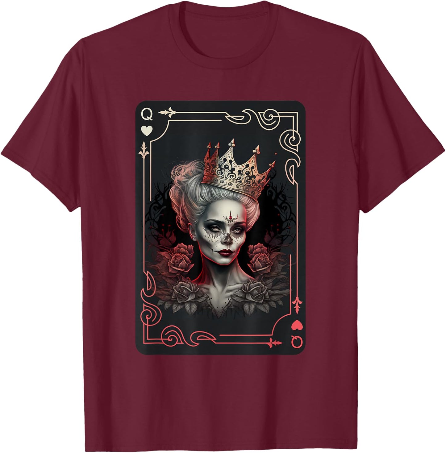 Queen of Hearts Gothic Poker Card Game Halloween Creepy T-Shirt - T-Shirt | Maroon