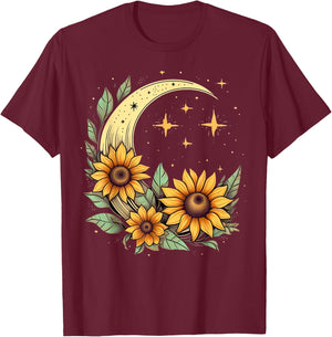 Floral Moon Sunflower on Celestial Sunflower Lunar T-Shirt - T-Shirt | Maroon