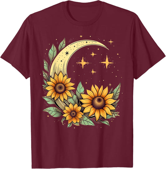 Floral Moon Sunflower on Celestial Sunflower Lunar T-Shirt - T-Shirt | Maroon