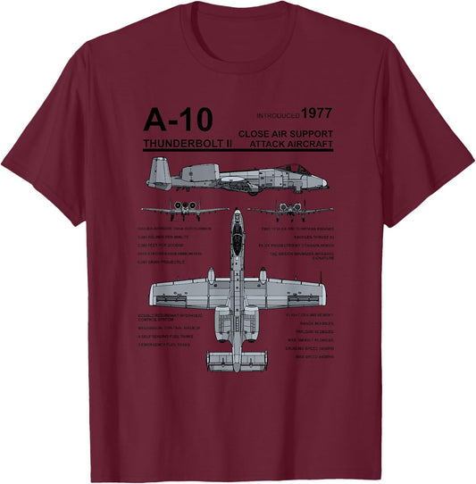 A-10 Thunderbolt II Warthog Military Jet Spec Diagram T-Shirt - T-Shirt | Maroon