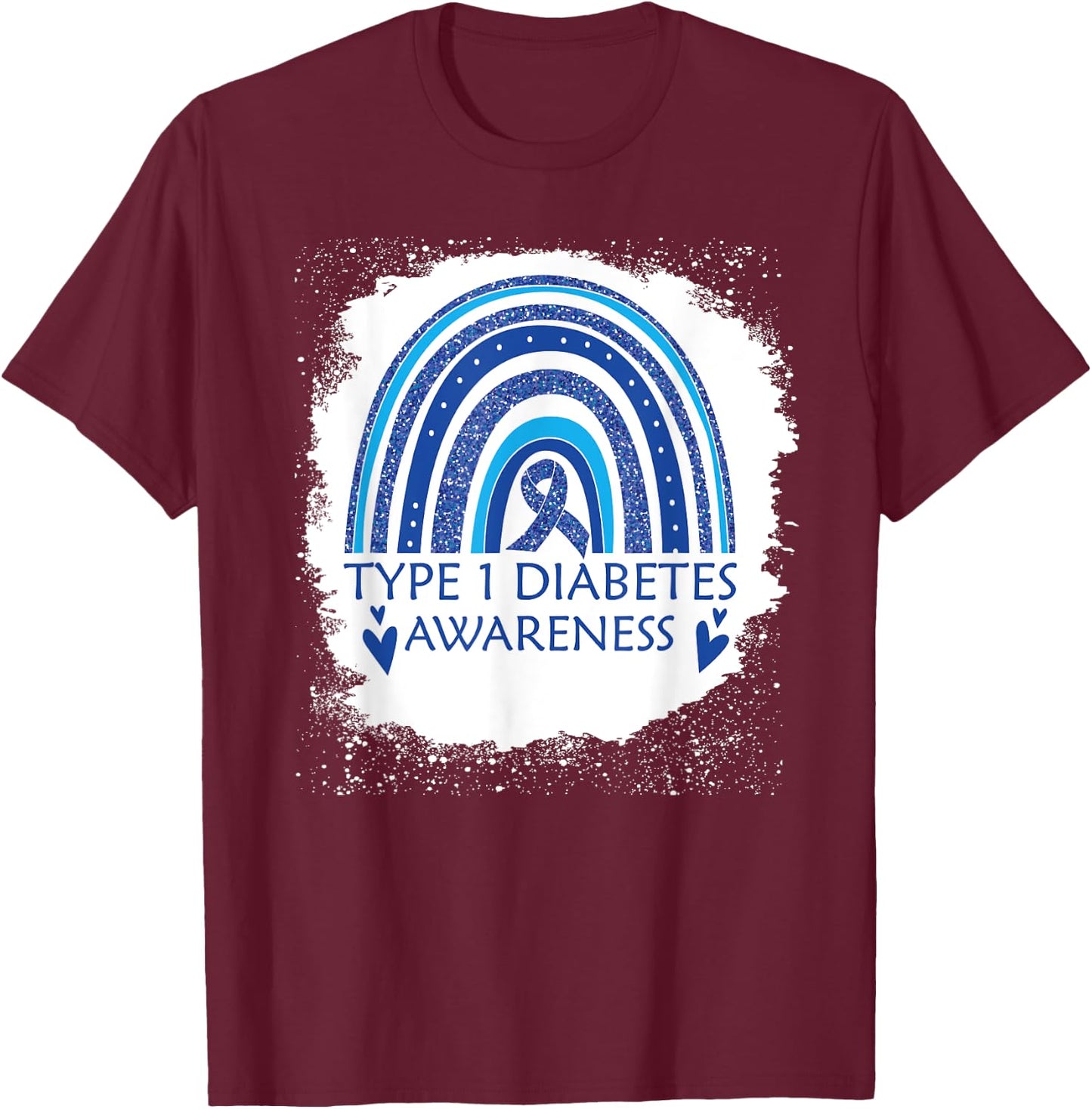 Type 1 Diabetes Awareness Bleached Rainbow Blue Ribbon Women T-Shirt - T-Shirt | Maroon