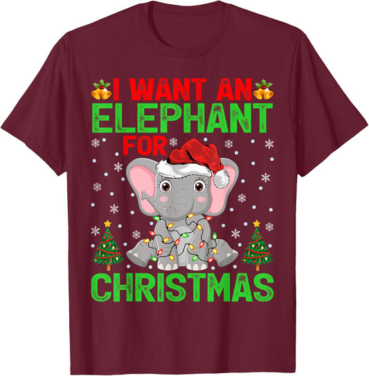 I Want An Elephant For Christmas Lights Santa Elephant Xmas T-Shirt - T-Shirt | Maroon