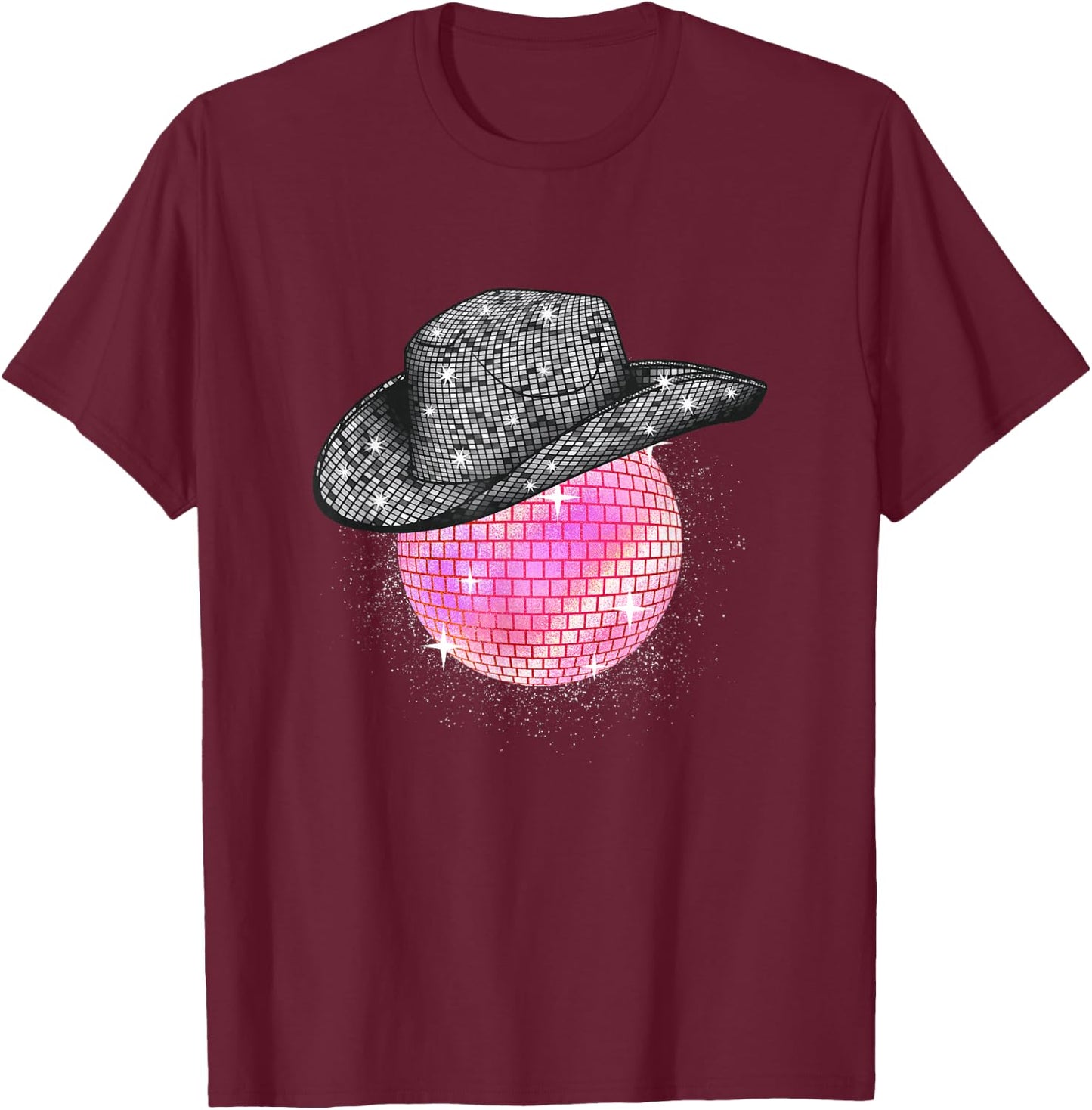 Cowgirl Pink Disco Ball with Cowboy Hat Retro T-Shirt - T-Shirt | Maroon