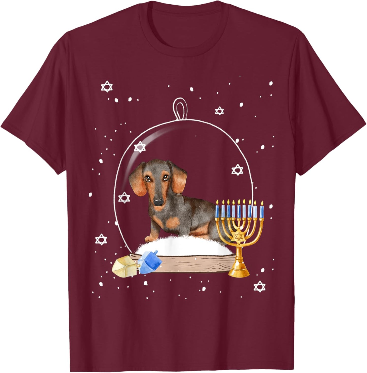 Hanukkah Dachshund Dog Snow Globe Pajama T-Shirt - T-Shirt | Maroon