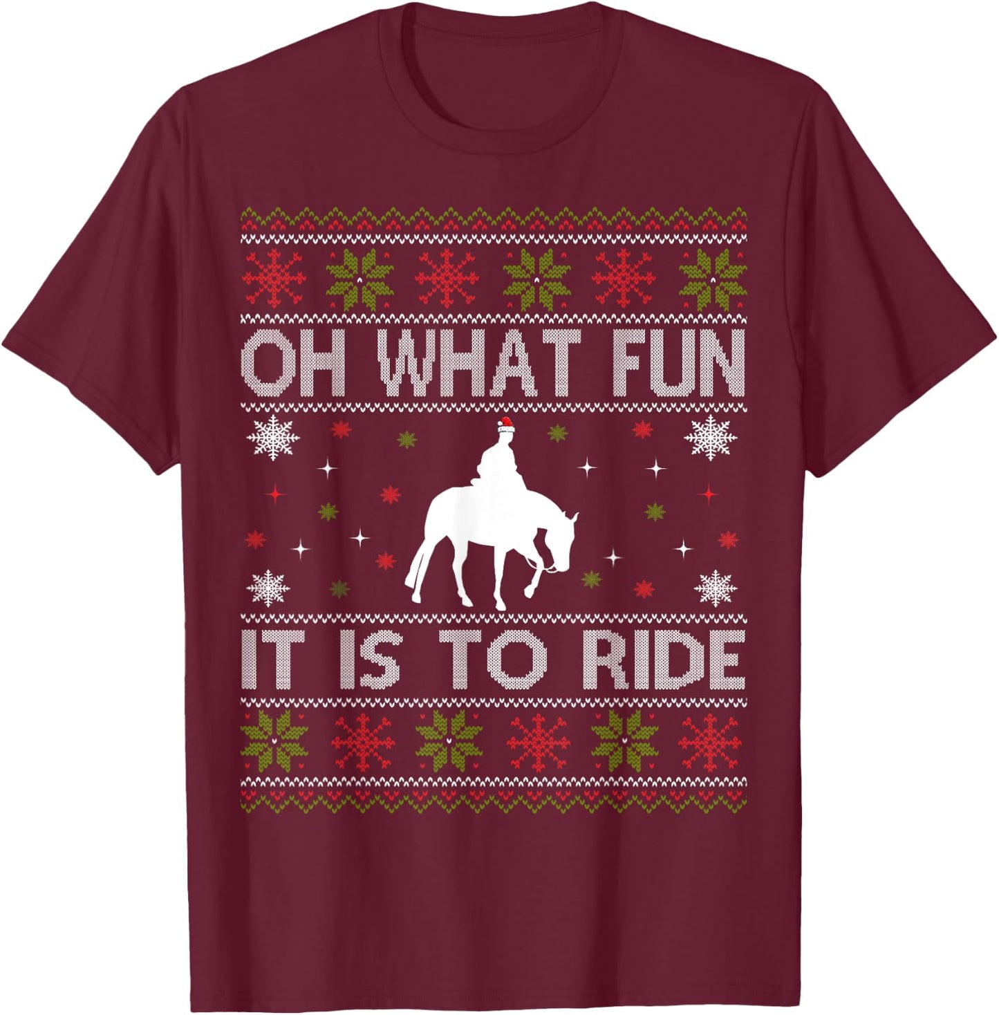 Cowboy Oh What Fun It Is To Ride - Ugly Christmas Equestrian T-Shirt - T-Shirt | Maroon