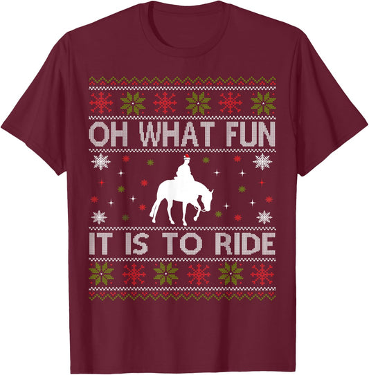 Cowboy Oh What Fun It Is To Ride - Ugly Christmas Equestrian T-Shirt - T-Shirt | Maroon