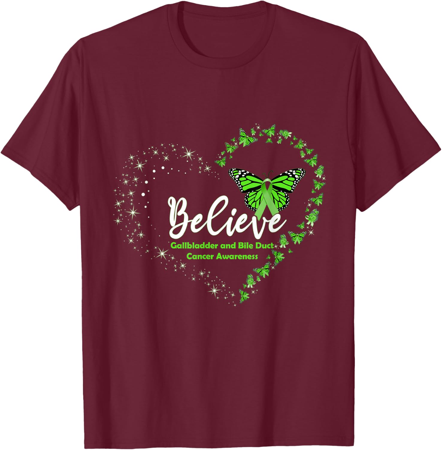 Butterfly Believe Green Ribbon Gallbladder Bile Duct Cancer T-Shirt - T-Shirt | Maroon