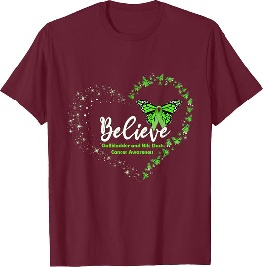 Butterfly Believe Green Ribbon Gallbladder Bile Duct Cancer T-Shirt - T-Shirt | Maroon