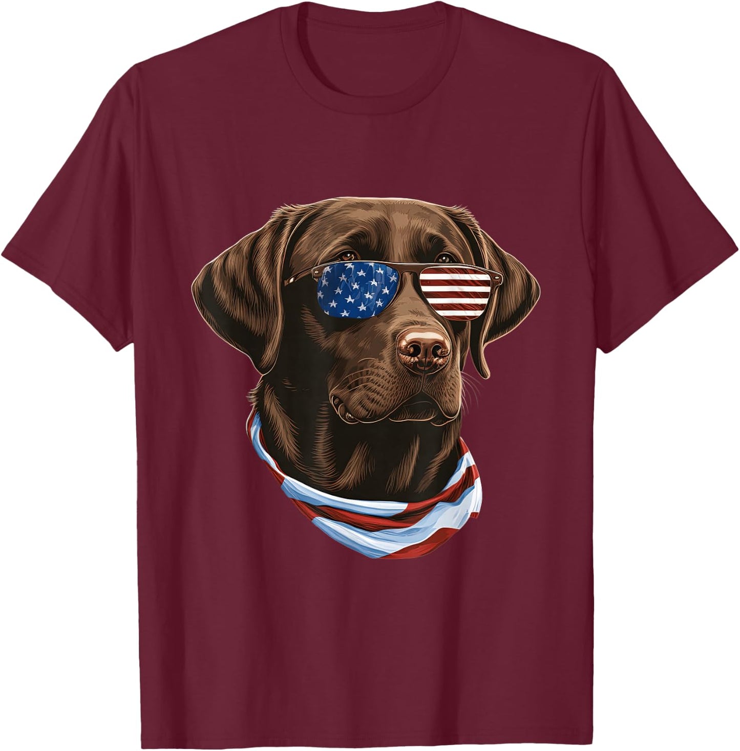 Chocolate Labrador With USA Sunglasses And Flag T-Shirt - T-Shirt | Maroon
