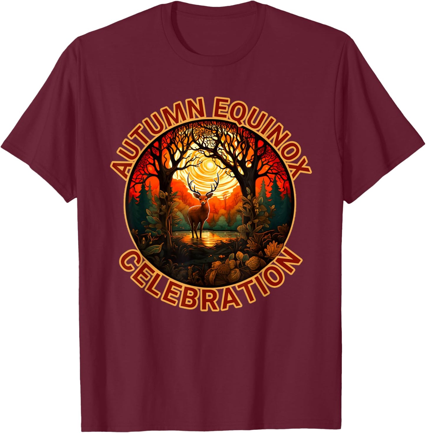 Autumn Equinox Celebration Fall Leaves Deer Autumn Design T-Shirt - T-Shirt | Maroon
