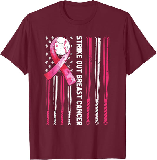 Strike Out Breast Cancer Baseball Lover Pink American Flag T-Shirt - T-Shirt | Maroon