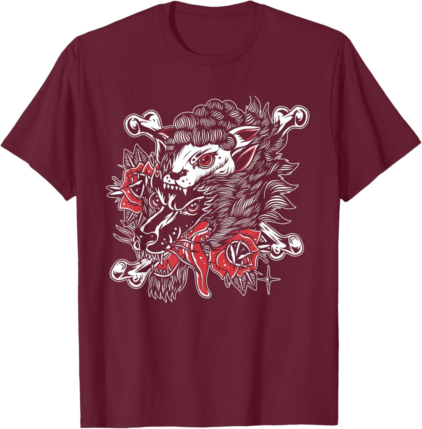 Wolf In Sheep's Clothing American Traditional Tattoo Flash T-Shirt - T-Shirt | Maroon