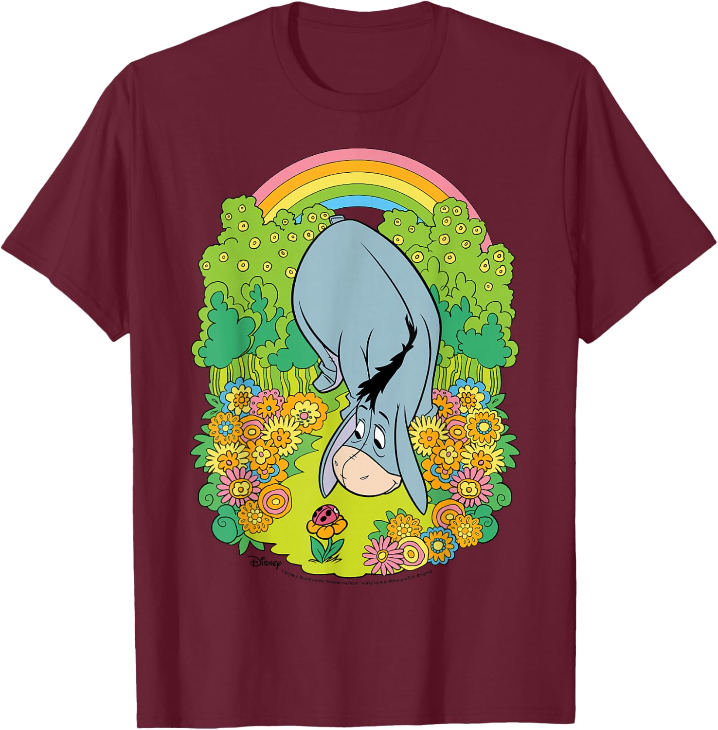 Winnie The Pooh - Eeyore Rainbow Flowers T-Shirt - T-Shirt | Maroon
