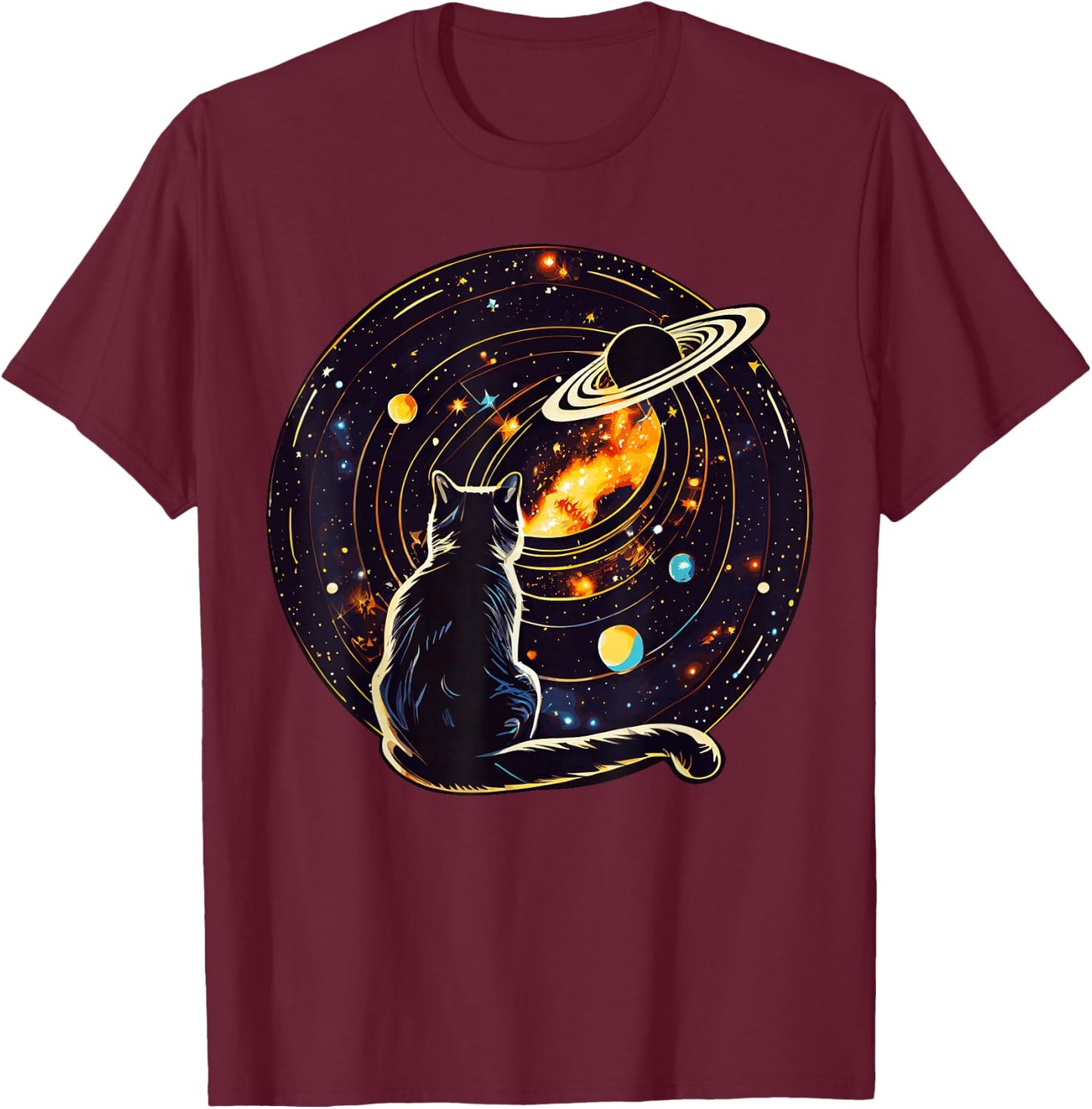 Cat Dad, Lover : Cat Staring at Planet Saturn T-Shirt - T-Shirt | Maroon