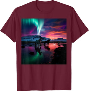 Iceland Northern Lights Aurora Borealis Horse Graphic Design T-Shirt - T-Shirt | Maroon