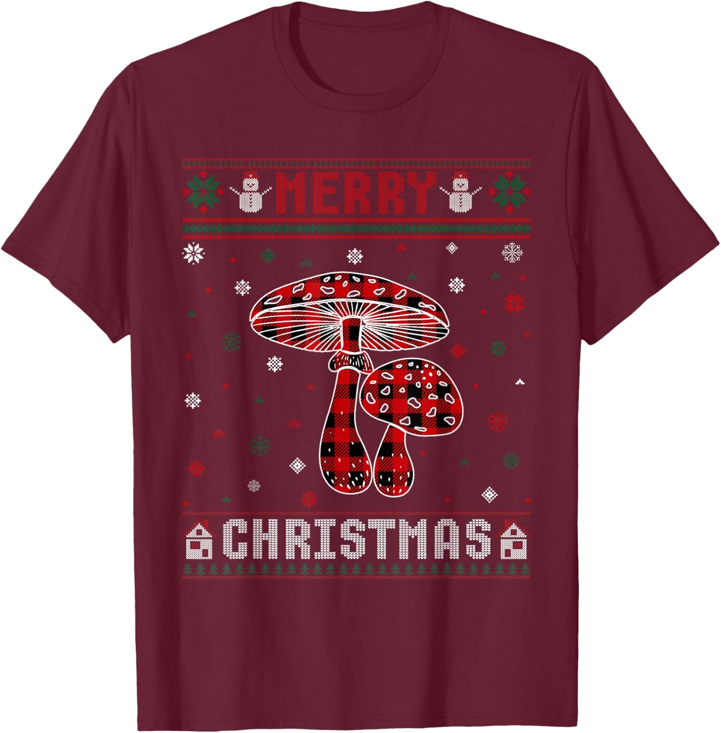 Ugly Christmas Sweater Mushroom Buffalo Plaid Red Xmas T-Shirt - T-Shirt | Maroon