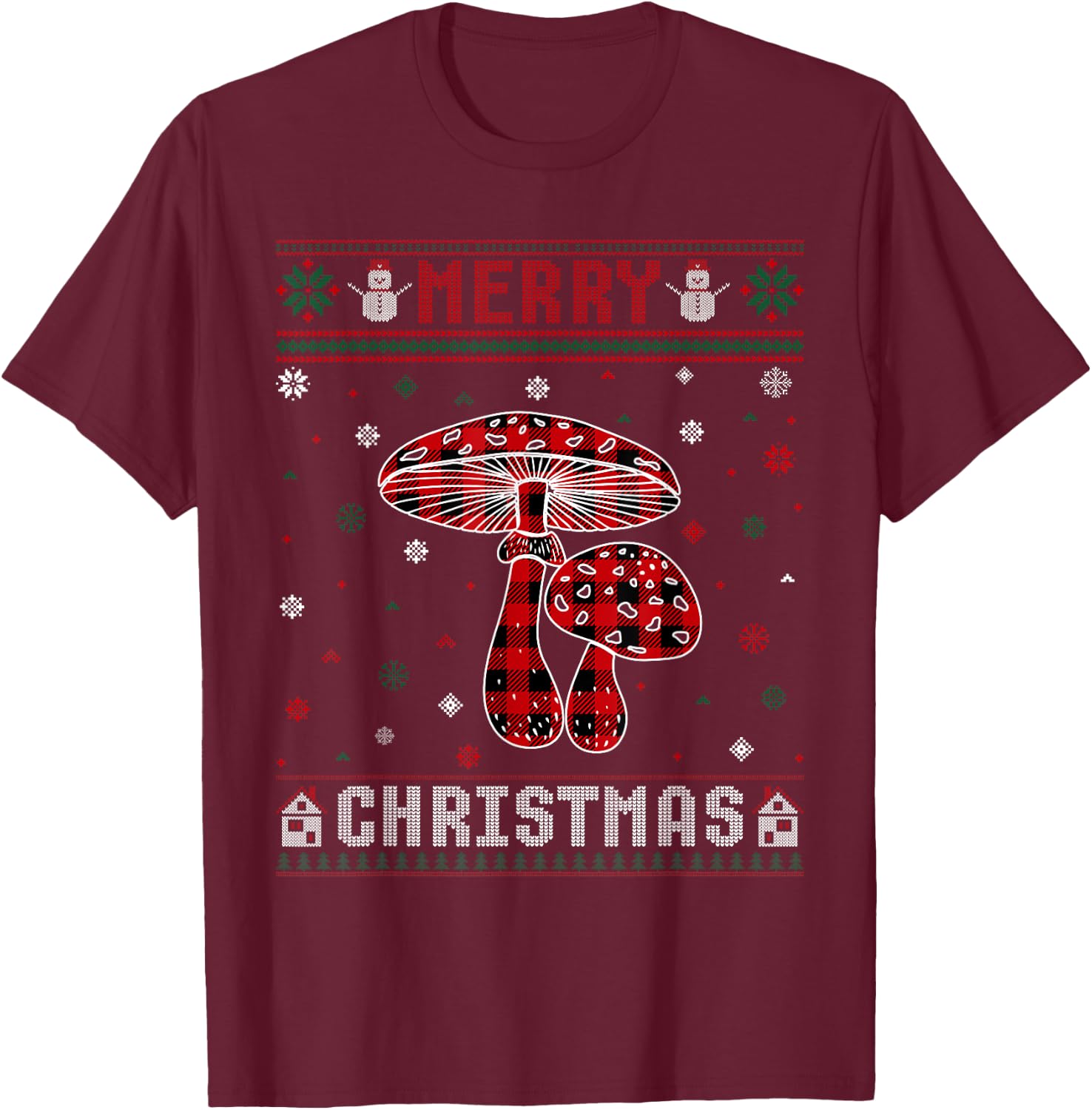 Ugly Christmas Sweater Mushroom Buffalo Plaid Red Xmas T-Shirt - T-Shirt | Maroon