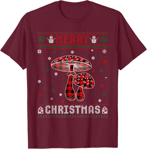 Ugly Christmas Sweater Mushroom Buffalo Plaid Red Xmas T-Shirt - T-Shirt | Maroon