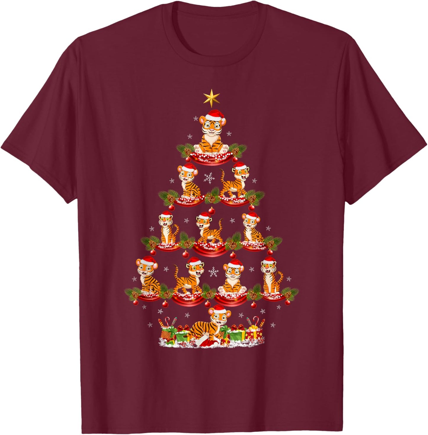 Tiger Xmas Lighting Santa Tiger Christmas Tree T-Shirt - T-Shirt | Maroon