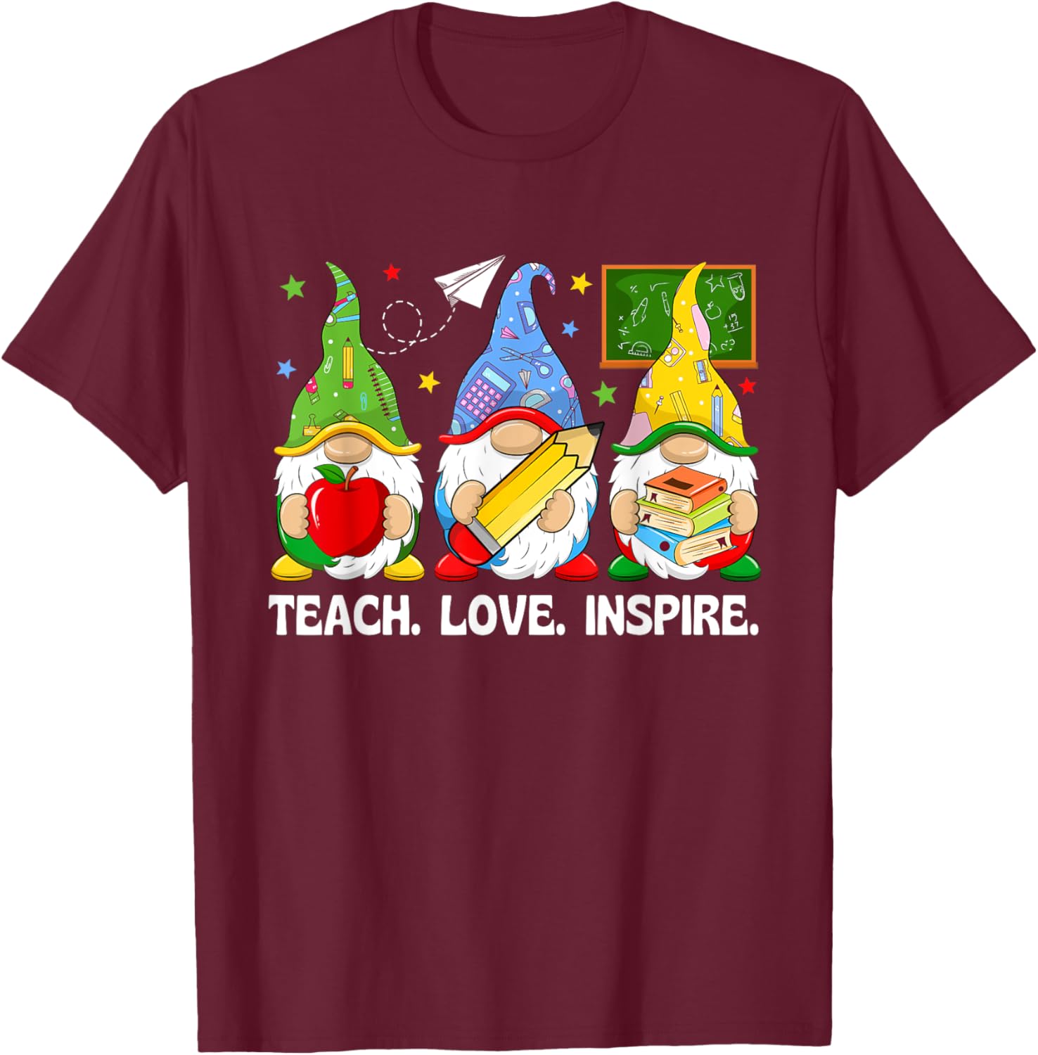 Cute Gnomes Teach Love And Inspire Back To School Teacher T-Shirt - T-Shirt | Maroon
