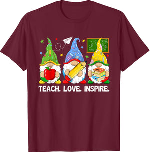 Cute Gnomes Teach Love And Inspire Back To School Teacher T-Shirt - T-Shirt | Maroon