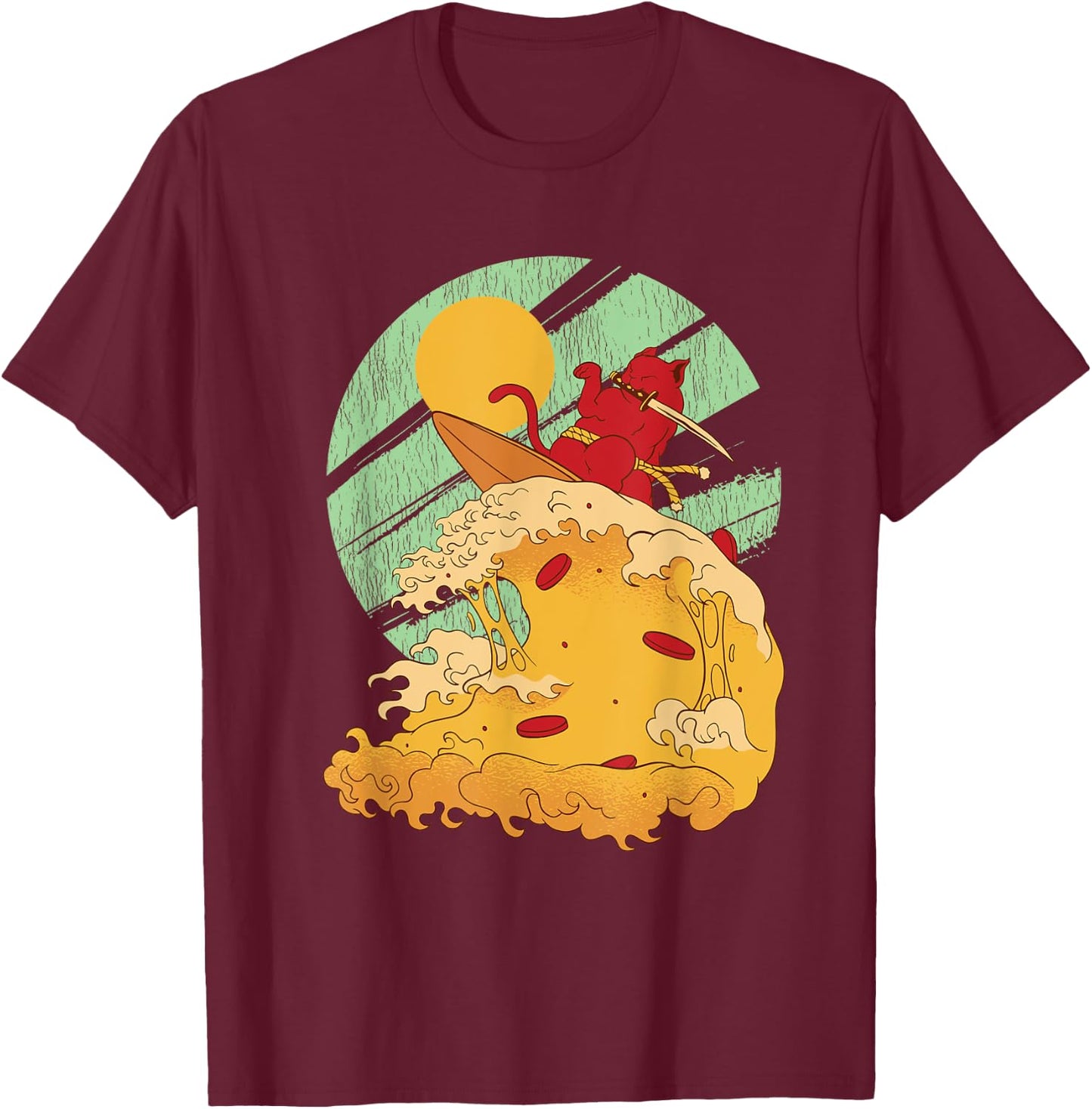 Surfing Japan Samurai Cat Vintage Surf Board T-Shirt - T-Shirt | Maroon