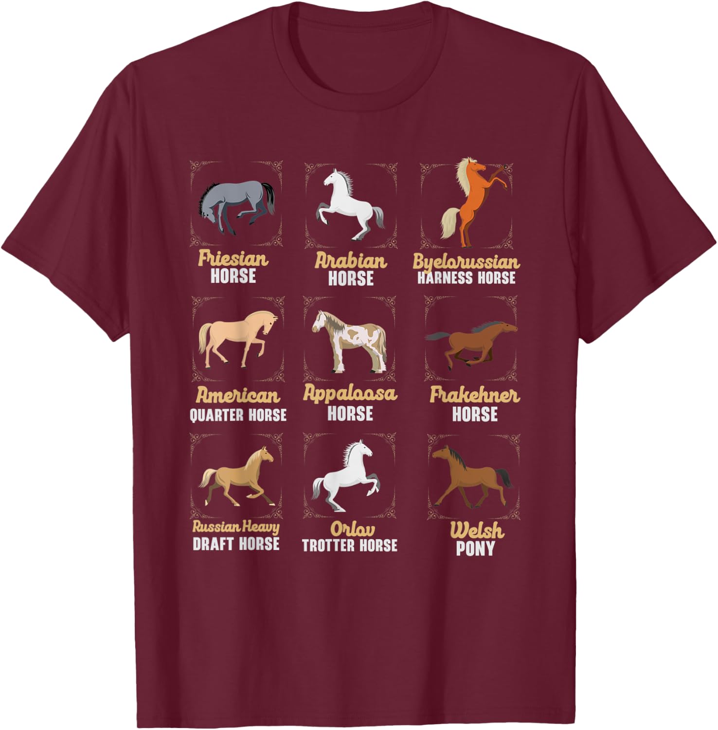 Horse Breeds Equestrian Horse Rider Racer Horseback Riding T-Shirt - T-Shirt | Maroon
