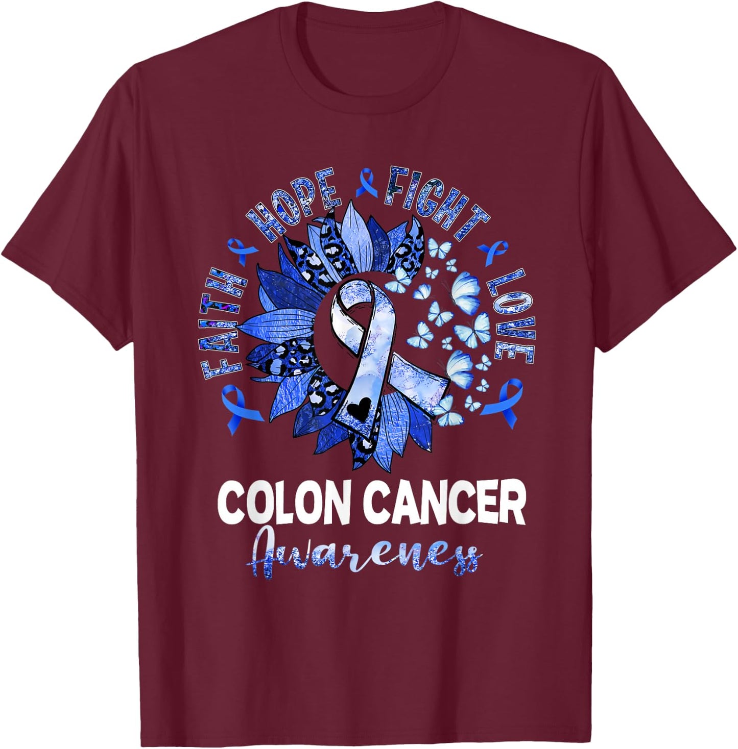 Sunflower Pink Ribbon Flower Leopard Colon Cancer Awareness T-Shirt - T-Shirt | Maroon
