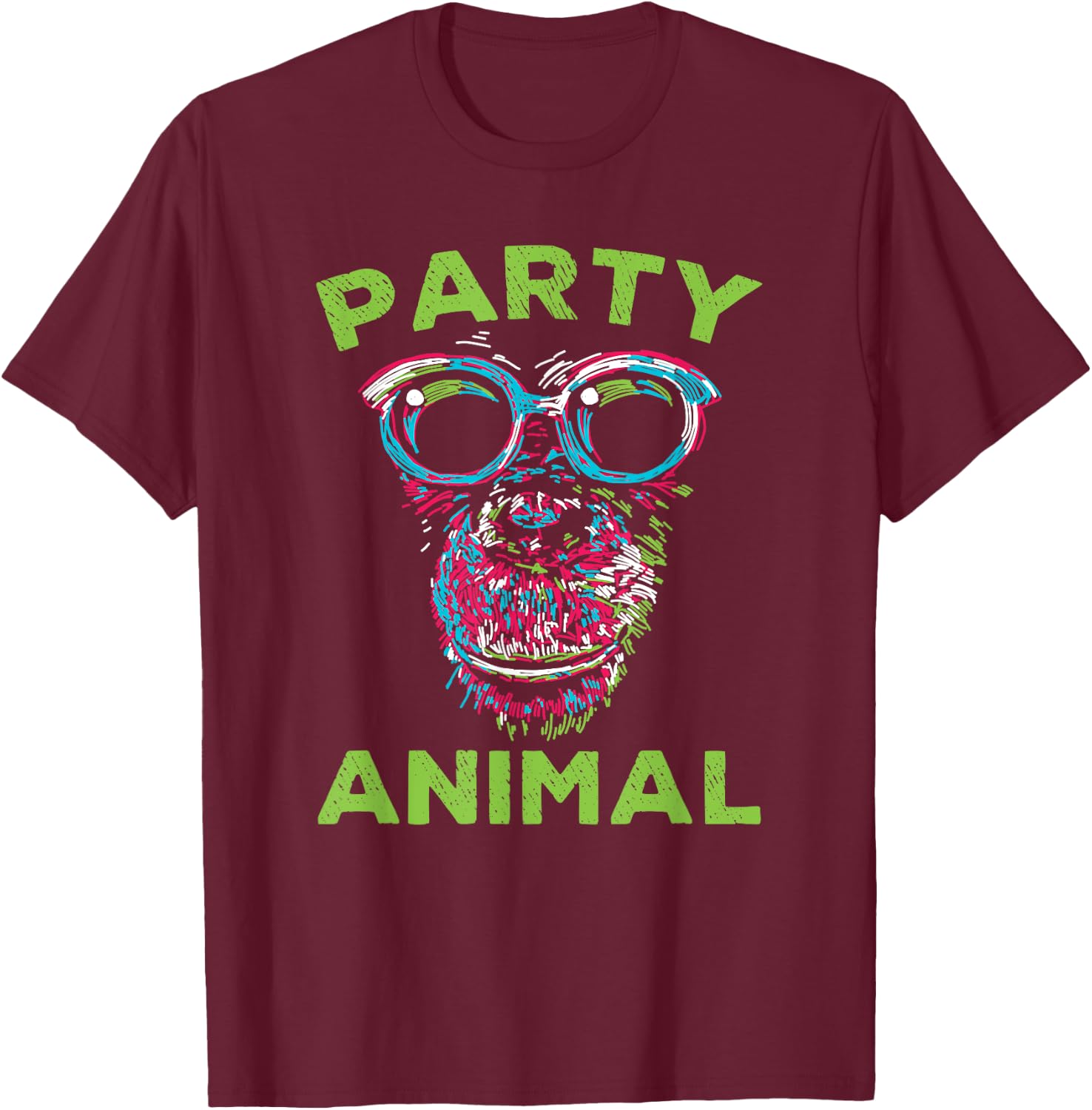 Cute Chimpanzee Party Animal Lover Colorful Monkey T-Shirt - T-Shirt | Maroon