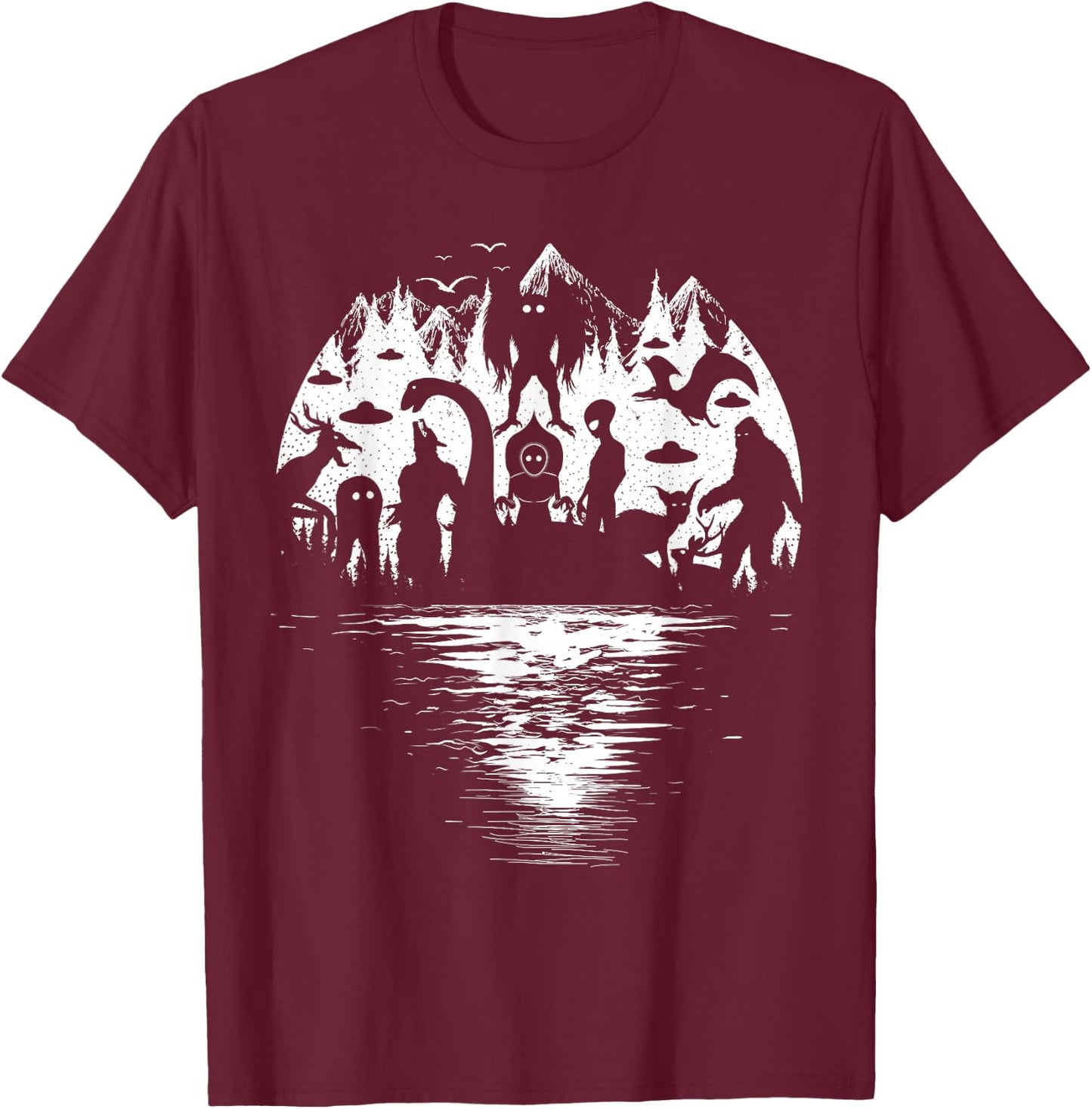 Bigfoot Loch Ness Mothman and Cryptid Monsters Cryptozoology T-Shirt - T-Shirt | Maroon