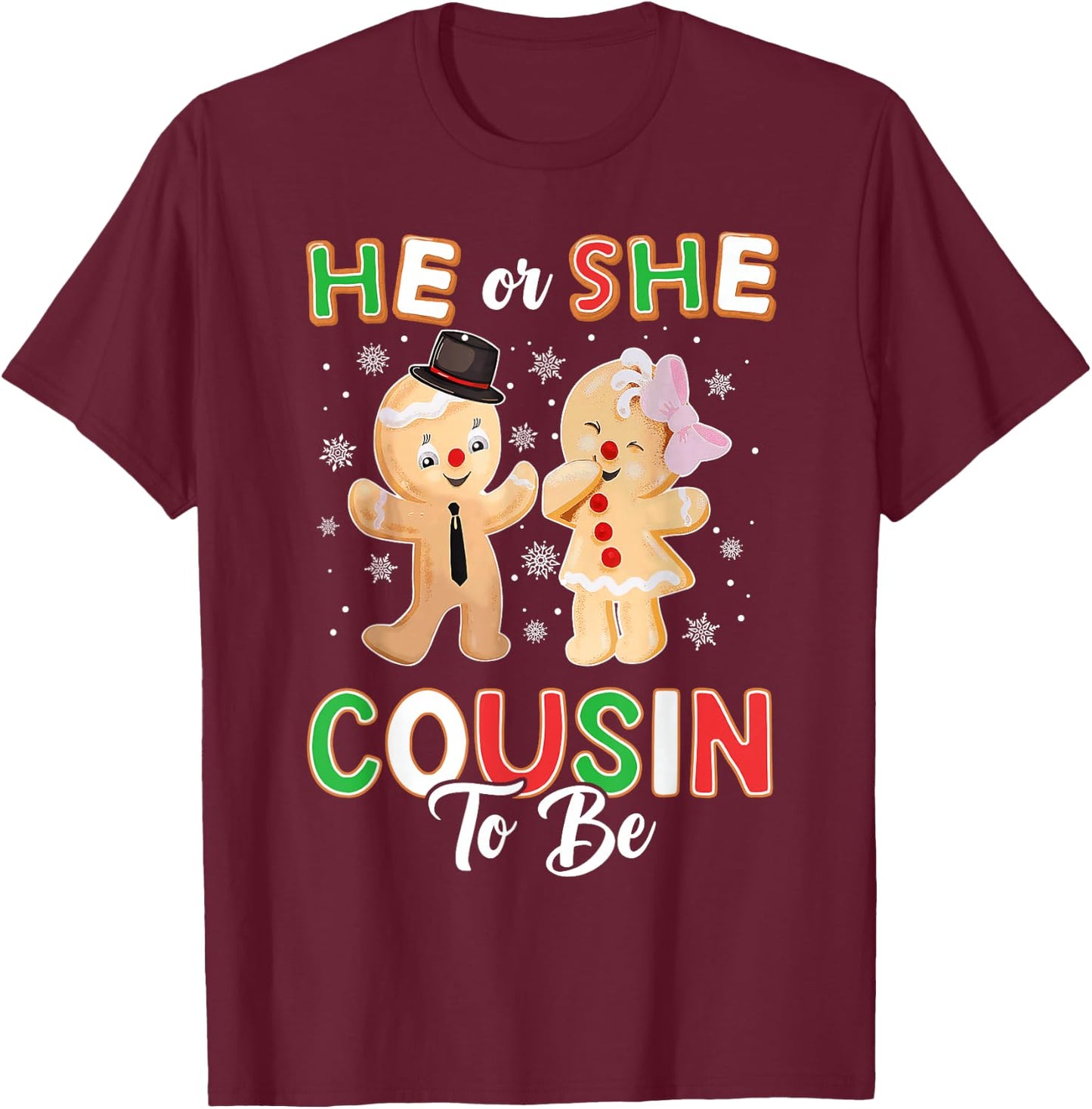 Gingerbread He or She Cousin To Be Christmas Gender Reveal T-Shirt - T-Shirt | Maroon