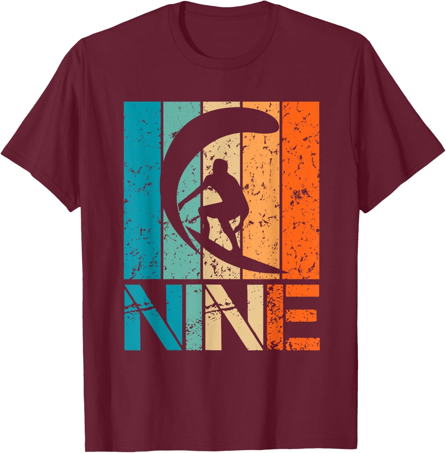 9th Surfing Birthday 9 Year Old 9yr Boy Girl Birthday Surfer T-Shirt - T-Shirt | Maroon