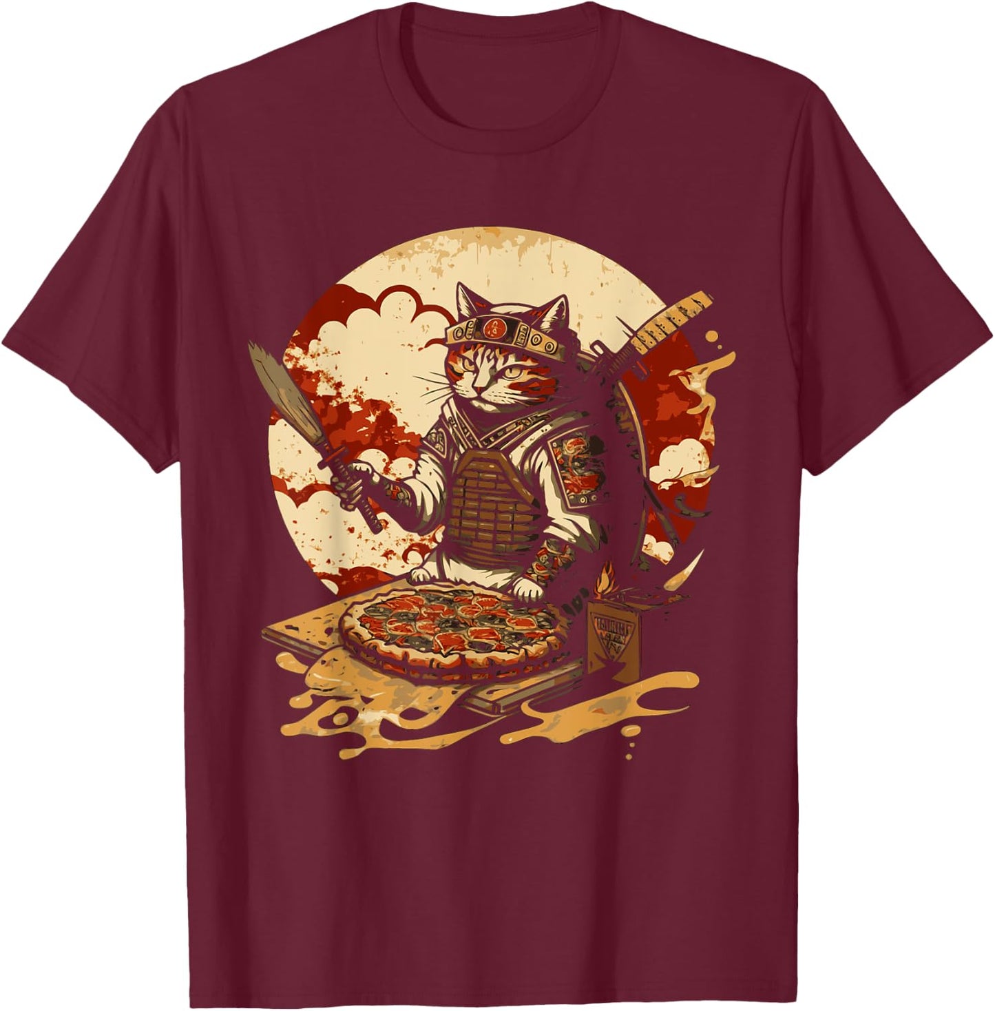 Japanese Sunset Samurai Cat Eat Pizza Anime Ninja Kitten Women T-Shirt - T-Shirt | Maroon