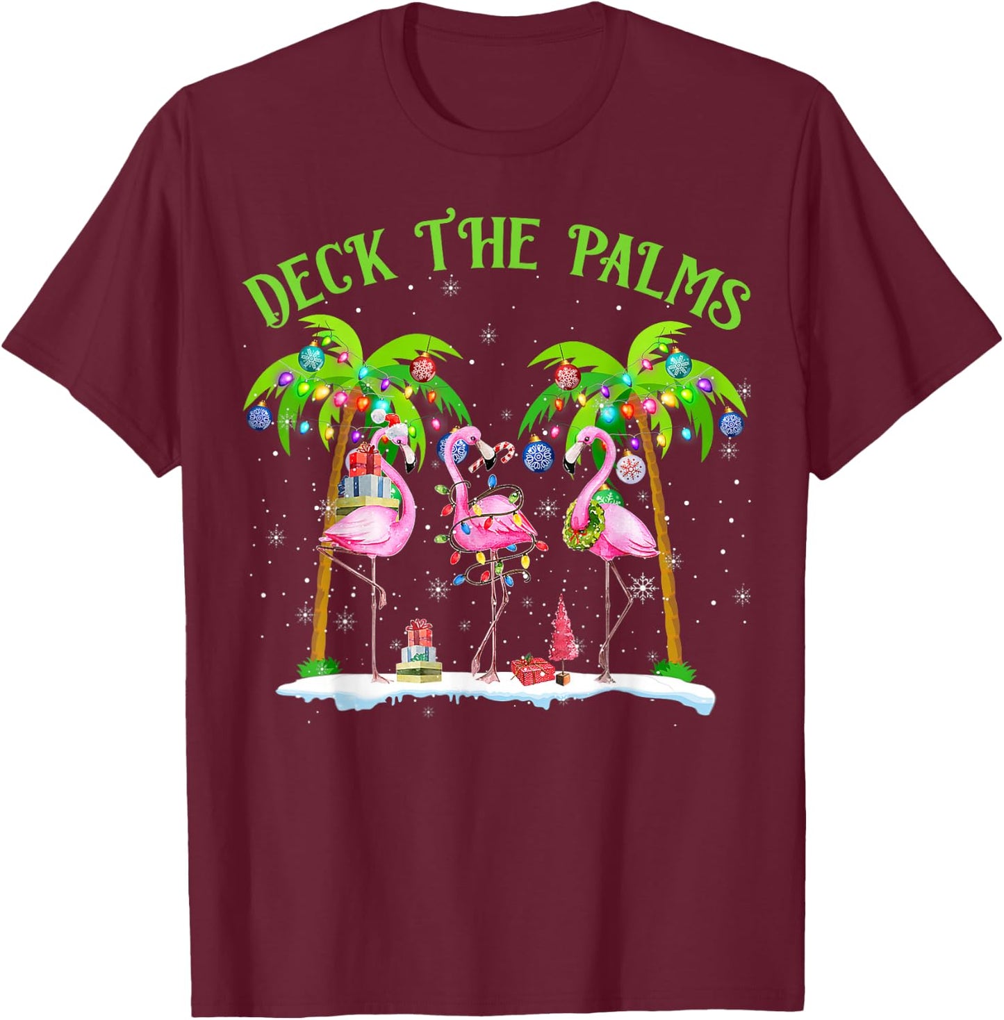 Deck The Palms Flamingo Tropical Christmas Lights Palm Tree T-Shirt - T-Shirt | Maroon