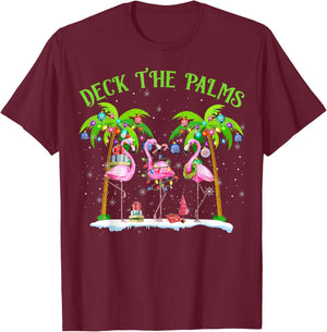 Deck The Palms Flamingo Tropical Christmas Lights Palm Tree T-Shirt - T-Shirt | Maroon